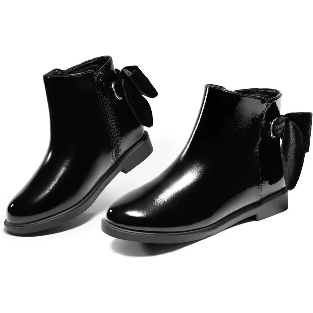 🆕Girls Black Faux Leather Ankle Kids Bow Chunky Low Heel Side Zipper Dress Boot